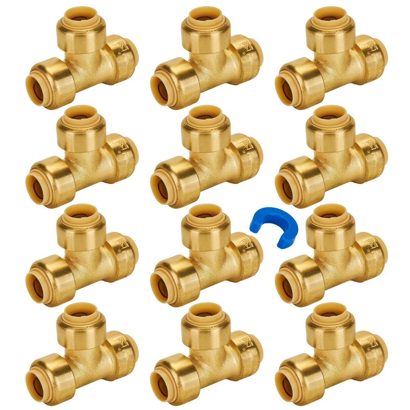SUNGATOR 1/2 Inch Tee, Push Pex Tee Plumbing Fittings 1/2 Inch, No Lead Brass Push-to-Connect T Plumbing Fittings for PEX Pipe, Copper, CPVC, with 1 Disconnect Clip, Pack of 12 - Image 1
